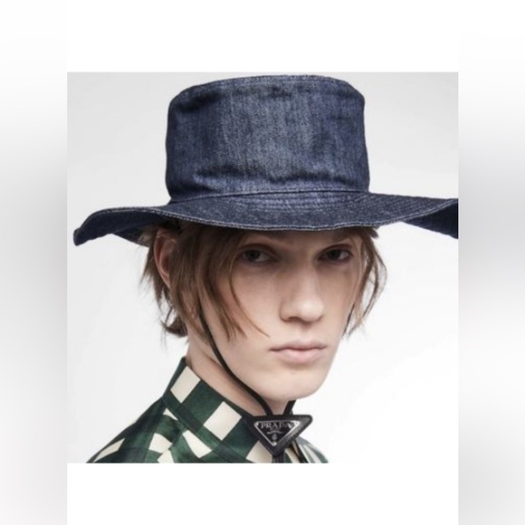 Prada Raff Simmons Denim Leather Strap Logo Slider Hat - Picture 1 of 7
